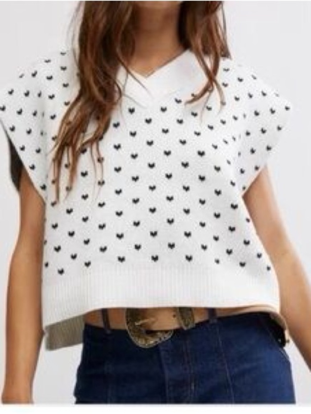 Free People Black and White Knit Tank with Pearl Trim